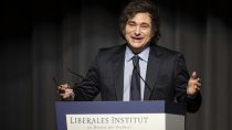 Argentina President Javier Milei speaks at an event in Switzerland in January 2025.