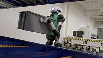 A warehouse Agility Robotics' warehouse robot Digit performs manoeuvres at the company's office in Pittsburgh. places packages on a robot.