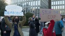 Protesters opposing Elon Musk