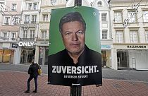 An election poster of Green Party top candidate federal minister for economy Robert Habeck