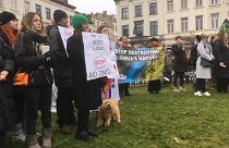 A protest near the European Parliament against a controversial lithium mining project in Serbia, 5 February 2025