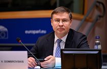 Economy commissioner Valdis Dombrovskis in addresses MEPs in the European Parliament, 28 January 2025