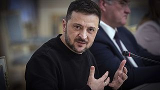 Ukrainian President Volodymyr Zelenskyy speaks during his meeting with Finland's Foreign Minister Elina Valtonen in Kyiv, Ukraine, Wednesday, Jan. 8, 2025.