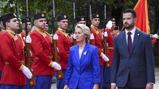 Ursula von der Leyen, reviews honour guard with Montenegro's President Jakov Milatovic in Montenegro's capital Podgorica