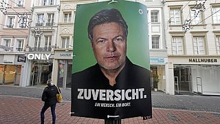 An election poster of Green Party top candidate federal minister for economy Robert Habeck