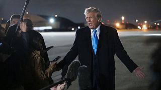 U.S. President Donald Trump speaks to reporters next to Air Force One on 2 February 2025.