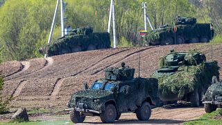Lithuanian Army soldiers take part in a Lithuanian-Polish Brave Griffin 24/II military exercise near the Suwalki Gap near the Polish border at the Dirmiskes village.