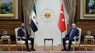 Turkish President Recep Tayyip Erdogan sits next to Syria's interim President Ahmad al-Sharaa during meeting at the presidential palace in Ankara, Turkey, Tuesday Feb. 4, 2025