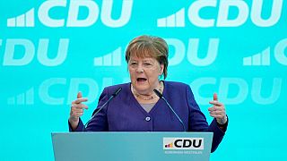 Angela Merkel delivers a speech during a reception of the North Rhine-Westphalian Christian Democratic Union, CDU, in Duesseldorf, Germany, Saturday, Jan. 18, 2025.