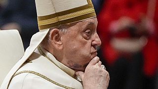 Pope Francis reacts during a solemn mass where he made 21 new cardinals in St. Peter's Basilica at The Vatican, Saturday, Dec. 7, 2024.