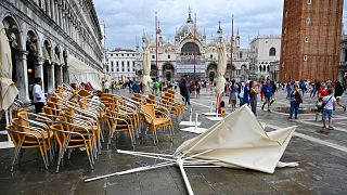 Bad weather scene at Piazza San Marco in Venice, Italy .Experts say climate change driven by human activity is boosting the intensity and frequency of extreme weather events.