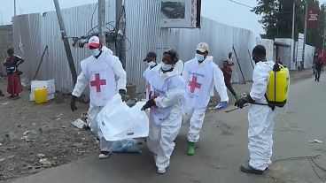 Red Cross staff load bodies onto a lorry bound for the morgue of the hospital in the north of Goma.