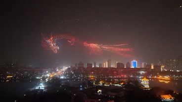 Illuminated drone animation to celebrate Spring Festival in Liaocheng City, China, 01.02.2025