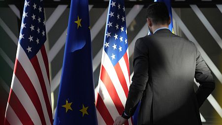 File picture of the US and EU flags being adjusted ahead of a visit to the EU by a leading US politician 