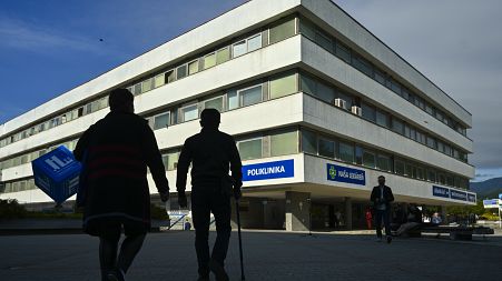 People walk outside the F. D. Roosevelt University Hospital in Slovakia in May 2024.