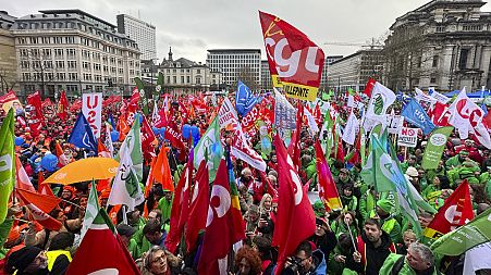 A protest against austerity policy in Brussels in December 2023. Trade unions and green groups are now concerned about the EU's new global competitiveness agenda.