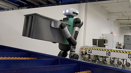 A warehouse Agility Robotics' warehouse robot Digit performs manoeuvres at the company's office in Pittsburgh. places packages on a robot.