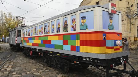 The world's first fixed track LEGO tram, the 'LEGO Vili', made from 1.8 million LEGO bricks, is seen after its presentation in Budapest, Hungary, Wednesday, 20 Nov 2024. 