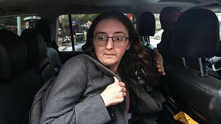 Caroline Ellison, former CEO of Alameda Research founded by Sam Bankman-Fried, after she exits the Manhattan federal court after testifying in October 2023.