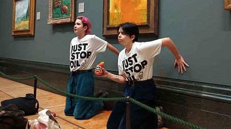 Just Stop Oil protestors after throwing tomato soup onto Van Gogh's Sunflowers painting at London's National Gallery, 14 October 2022