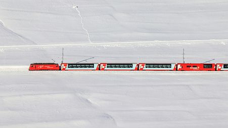 The Glacier Express on its way through Goms, Switzerland. 